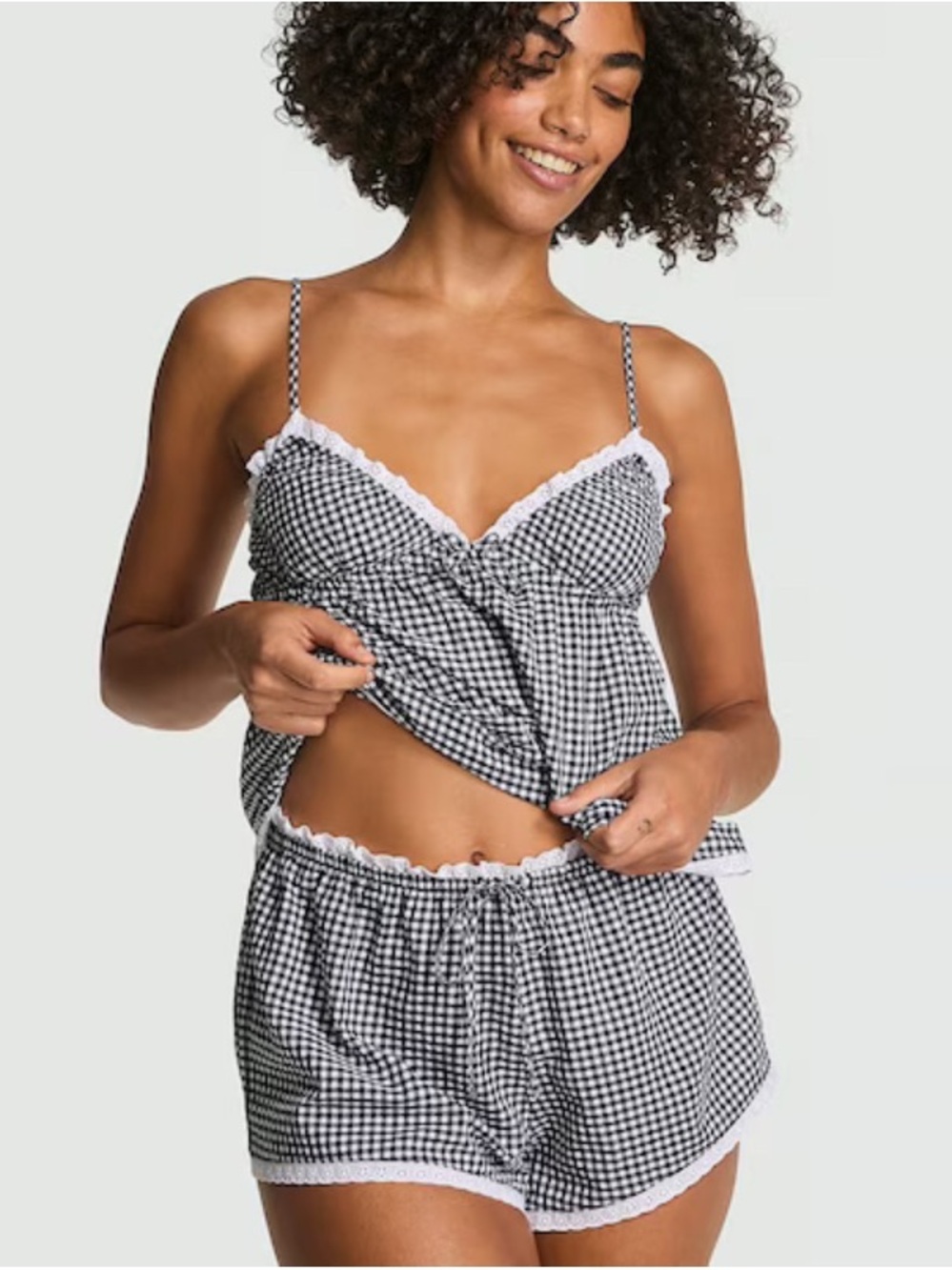 Pink by Frankie’s Bikinis Cloud Tank Gingham Black Checkered Babydoll Cami Top